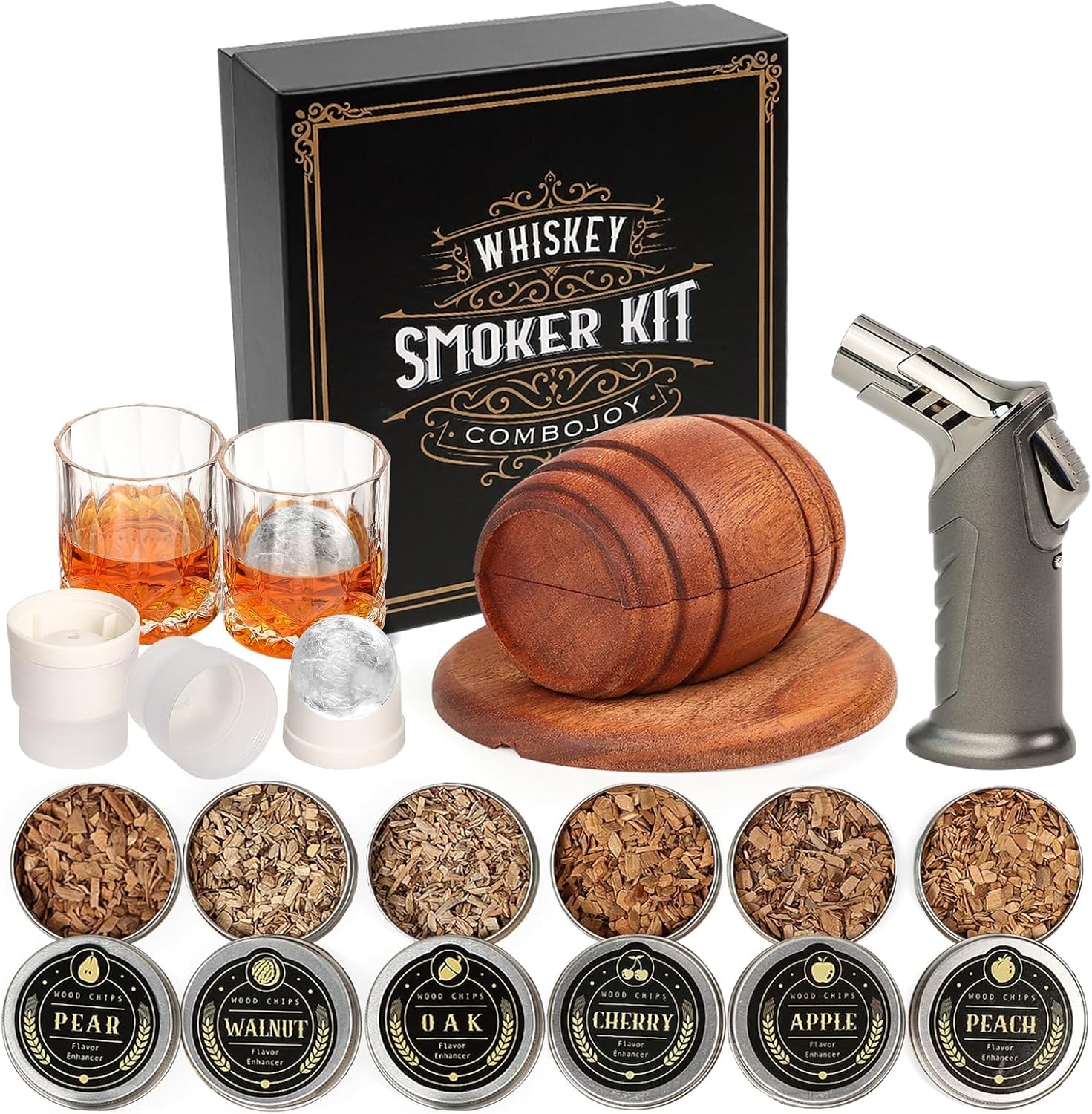 Barrel Whiskey Smoker Kit and included accessories